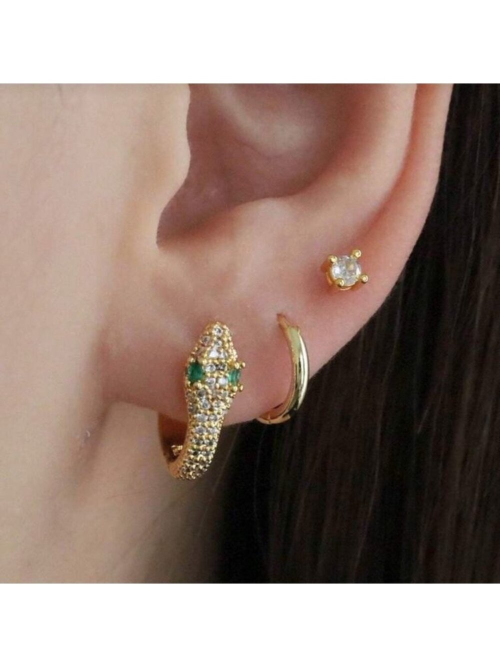 Gold Plated Stainless Steel 3pc Earring Set Cubic Zirconia Stud & Hoop Earrings